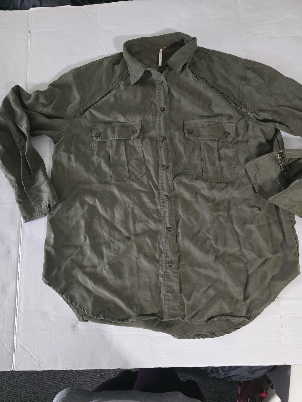 Free People Olive Green Button-Front Utility Blouse